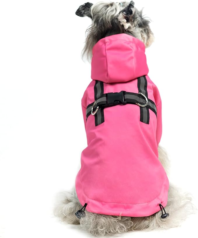 PUPTECK Dog Raincoat with Hood & Harness Built-in, Waterproof Dog Rain Jacket Slicker Poncho Reflective Vest Clothes for Rainy Snowy Winter Cold Days, Fuschia S