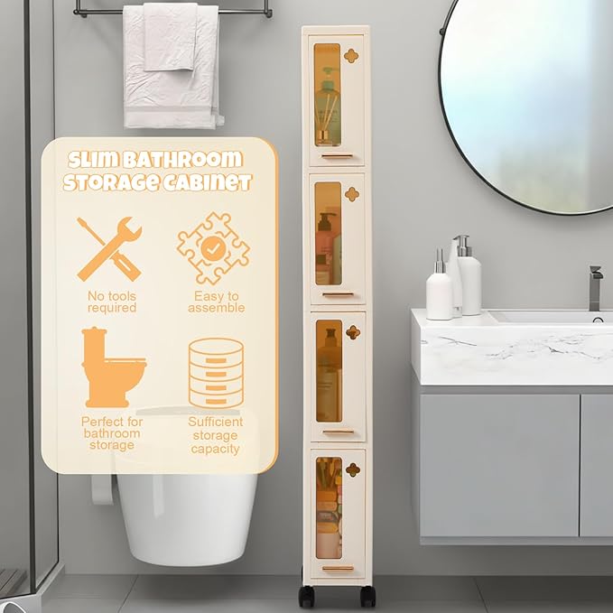 Weysat Narrow Bathroom Storage Cabinet with Wheels Slim Storage Organizer with Transparent Doors and Shelves for Small Space, Bathroom, Bedroom, Kitchen(4 Tiers)