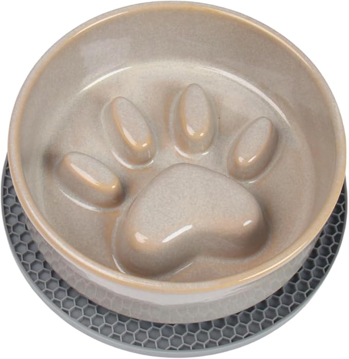 Slow Feeder Dog Bowls，Ceramic Bowl for Cats and Dogs，Dog Bowls，with Non-Slip Silicone Mat，Pet Bowl for Small Dogs and Cats，Slow Down Eating，6.2 inches Grey pet Bowl
