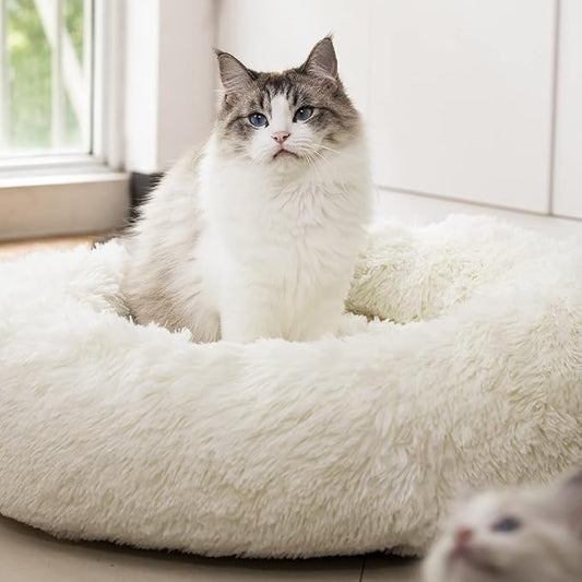 Anti Anxiety Round Fluffy Plush Faux Fur Warm Washable Dog Bed & Cat Bed, Original Bed for Small Medium Large Pets,Used to Relieve Joints and Improve Sleep（20"/24"/27''） (27", White)