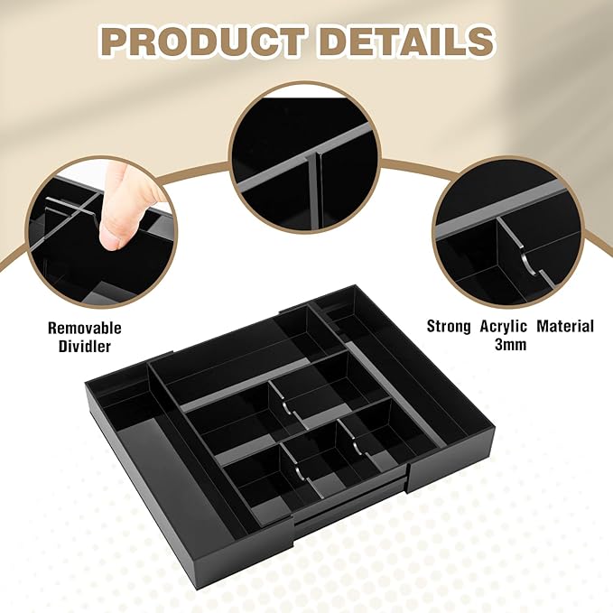 1 Pcs Acrylic Desk Drawer Organizer 2 Inch Height Expandable Drawer Organizer Trays with 8 Adjustable Compartments Desk Accessories for Makeup Silverware Office Bathroom(Black)