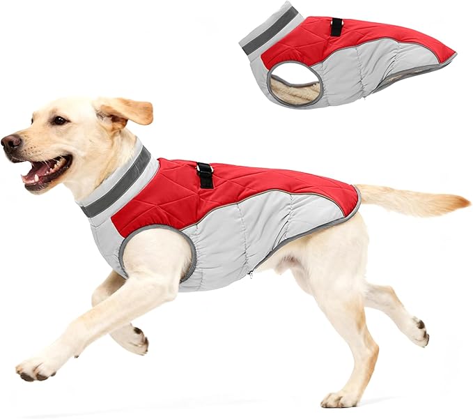 Dog Coat for Medium Dogs, Adjustable Dog Jackets for Cold Weather, Reflective Winter Coat with Built-in Harness, Snowsuit Fits Dogs 14-25 lbs and Up, Size M Red