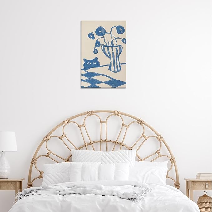 Funny Sneaky Cat Poster Scandi Animal Sketch Canvas Wall Art Blue Modern Abstract Flower Vase Aesthetic Prints Painting For Living Room Kitchen Dining Room Wall Decor 24x36in Wrapped Canvas