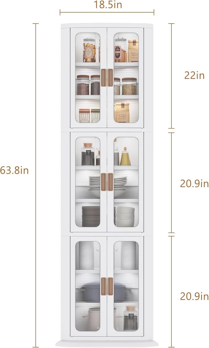 VECELO 3-Tier Tall Corner Cabinet with Doors & Adjustable Shelves, Waterproof & Dustproof, Easy to Clean, Anti-tip, Space Saving, Corner Storage Cabinet for Kitchen, Living Room, Bathroom, White