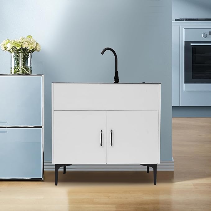 32-Inch Utility Sink Cabinet with 360° Swivel Hot/Cold Faucet, Laundry Sink with Cabinets and Stainless Steel Double Sinks, Freestanding Cabinet with Sink for Laundry&Utility Room, Kitchen, Bathroom