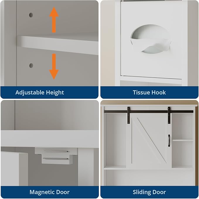 Over the Toilet Storage Cabinet Bathroom Shelf over toilet with Sliding Barn Door, Toilet Organizer with Toilet Paper Holder, Toilet Organizer Rack with Adjustable Shelf for Bathroom, Laundry, White