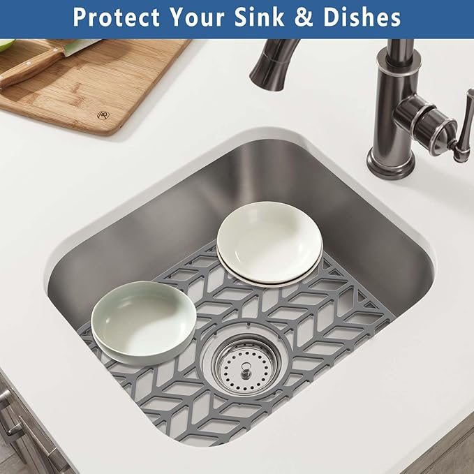 AWOKE Silicone Sink Protectors for Kitchen Sink, 12" x 11" Sink Mat for bottom of sink, Center Drain Hole, Protect Sink from Stains, Scratches, Dishwasher Safe Grid Mat for Kitchen (2 Pack, Gray)