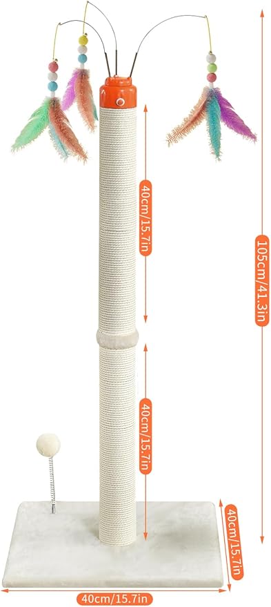 Cat Scratching Post ，41.3" Sisal Rope Cat Scratcher Tall Scratching Post for Indoor Cats Adult with Interactive Cat Toys Automatic Teaser Wand and Rotating Hanging Balls