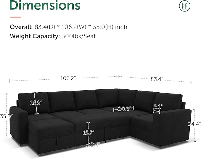HONBAY Sectional Sleeper Couch with Pull Out Bed, U Shaped Sectional Sofa with Storage, Modular Velvet Sectional Couches for Living Room, Black