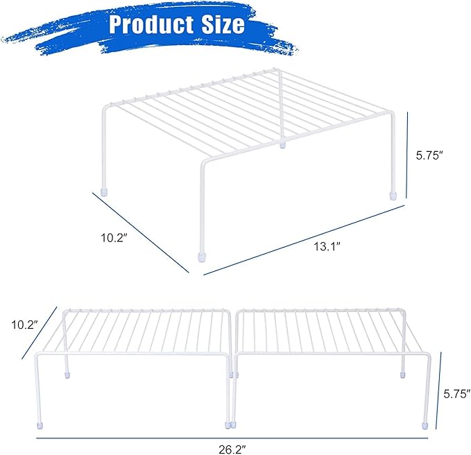 Set of 2 - Kitchen Storage Shelf Rack (13.1 x 10.2 Inch)/Plastic Feet - Medium - Steel Metal - Rust Resistant Finish - Cups, Dishes, Cabinet & Pantry Organization - Kitchen (White)