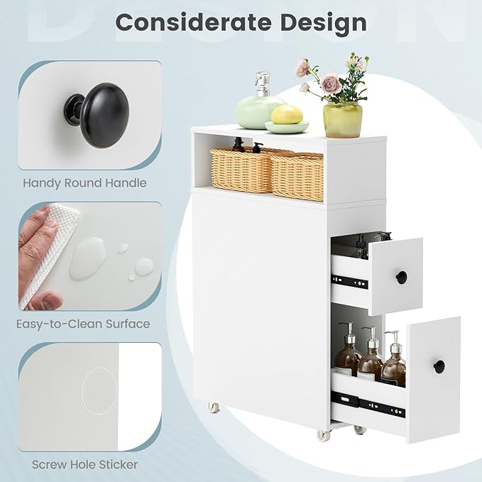 HOMGX Slim Bathroom Storage Cabinet, Narrow Floor Bathroom Organizer with Universal Wheels, Freestanding Side Toilet Storage with 2 Drawers, Rolling Bathroom Space Saver for Corner Small Spaces, White