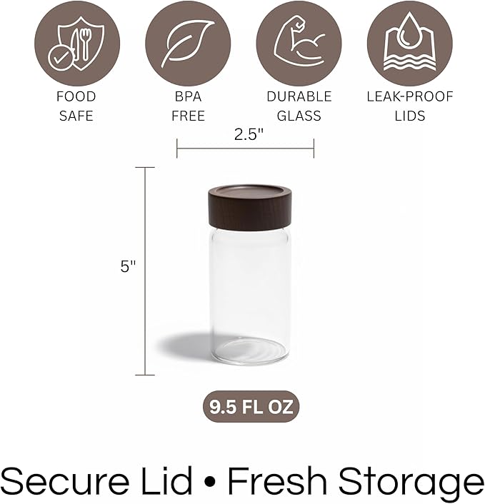 Wide Mouth Glass Storage Jars With 2.5" Acacia Wood Lids - 4 Pack of 9.5 Oz Food Storage Containers - Borosilicate Glass Canisters Sets For Kitchen - Pantry Organizers and Storage for Rice Coffee