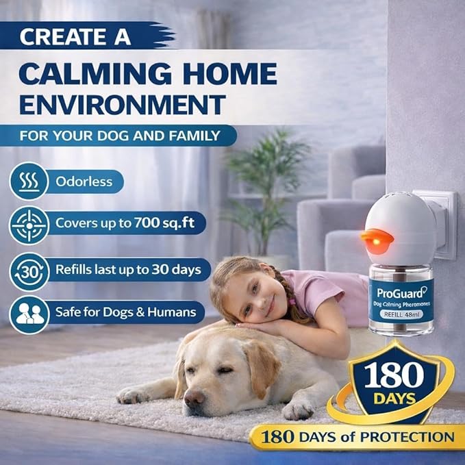 ProGuard Dog Pheromones Calming Diffuser Kit Appeasing Pheromone Diffuser to Calm (3 Plug in+ 6 Pack 48ml Refill) for Anxiety Relieve Relief Reduce Aggression Fighting Barking Stress 180 Day Supply