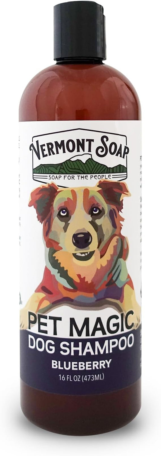 VERMONT SOAP Organics Pet Shampoo - Infused with Organic & Natural Olive Oil, Coconut & Aloe Vera Dog Shampoo for Sensitive Skin - USDA Certified Grooming Pet Shampoo - Blueberry (16oz)