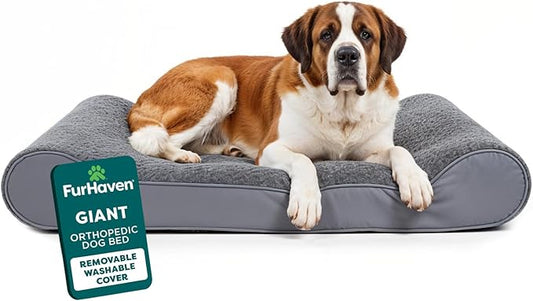 FurHaven Orthopedic Dog Bed for Large Dogs, Luxe Lounger Contour Mattress with Solid Orthopedic Foam Slab for Joint Support, Removable Washable Cover, Giant XXXL, Plush Suede, Gray
