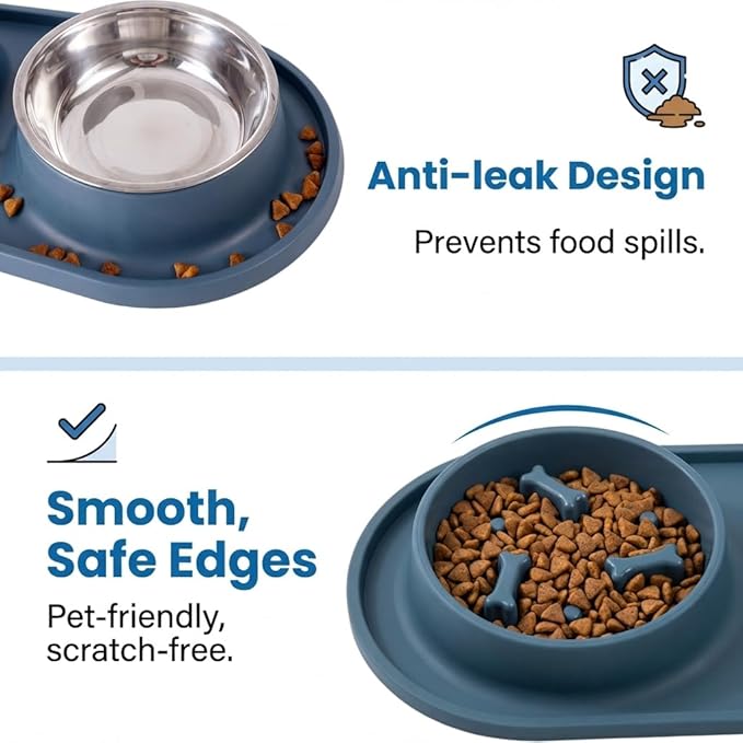 Slow Feeder Dog Bowls 2-in-1 Non-Spill - Anti-Slip Puzzle Feeder Dog Bowl with Stainless Steel Water Bowl, Dual Pet Food & Water Bowl Set for Bloat Prevention for Puppies Cat & Large Dogs