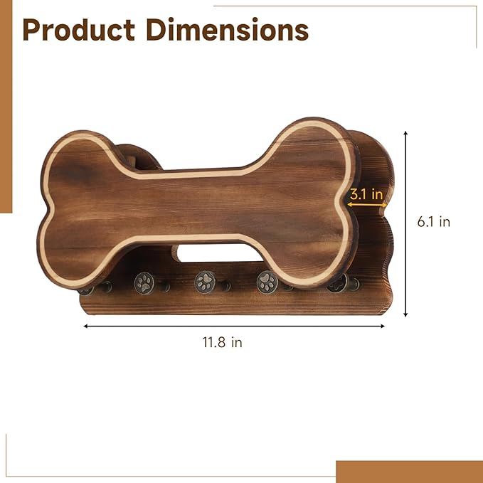 Doggie Bone Key Holder Wall Mount, Rustic Wooden Dog Leash Holder with 5 Hooks, Dog Stuff Storage Shelf, Pet Accessories Organizer for Entryway, Living Room, 11.8 x 6.1 x 3.1 in