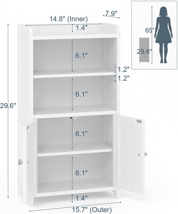 Small Bathroom Storage Cabinet, 30" Tall Freestanding Corner Floor Cabinet with Opposite Doors & 5 Shelves (2 Adjustable), Narrow Toilet Paper Holder Organizer for Small Spaces, White