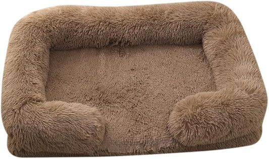 Orthopedic Dog Bed for Large Dogs - Washable Memory Foam Pet Sofa, Fluffy Plush Rectangular Bed, Waterproof Anti-Anxiety Couch, Khaki, L