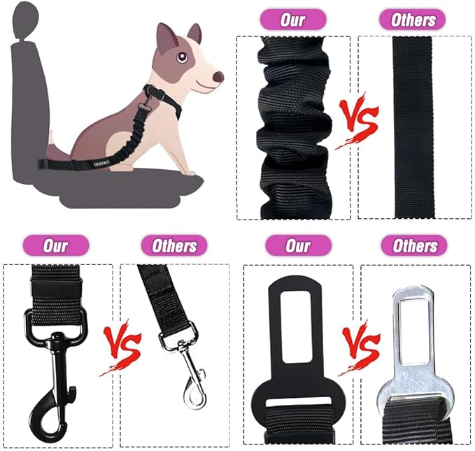 Dog Car Seat Belt Pink – Heavy Duty Adjustable Safety Harness with Elastic Bungee Buffer