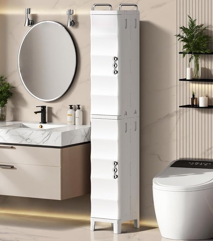 52.76" Tall Narrow Bathroom Storage Cabinet with Doors and Adjustable Shelves Plastic Slim Bathroom Storage Organizers Small Space Saver for Laundry Room Dorm Kitchen Quick Assembly, White