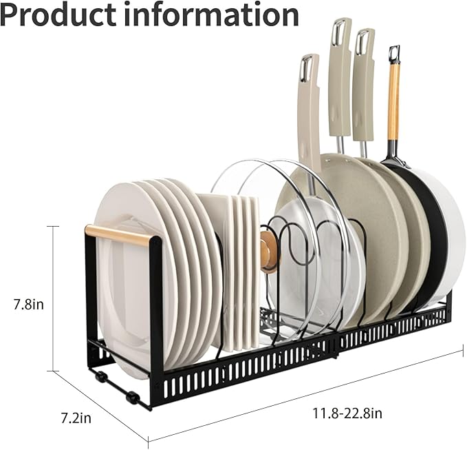 SKORDO Pot and Pan Organizer Rack, Expandable Under Cabinet Rack with 8 Adjustable Compartments Perfect for Heavy Cookware & Pot Lids (Black)