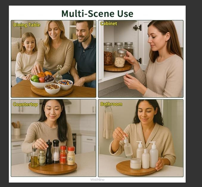 11'' Bamboo Wood Lazy Susan Organizer, Lazy Susan for Cabinet Table Top Countertop Pantry Kitchen Spice Rack, Deep Carbonized Bamboo, Turntable Organizer, Large Spin Base, Rotating Tray No Slip