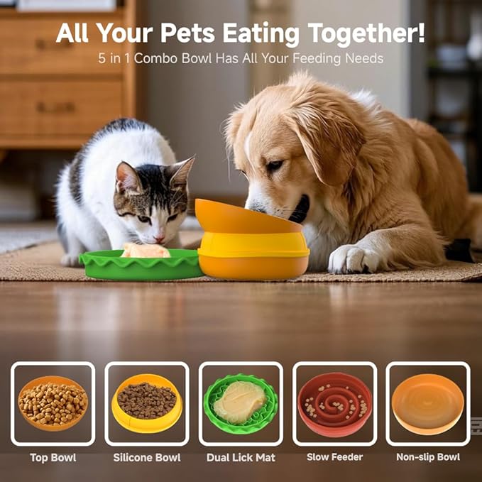 SUBARASHII 5-in-1 Burger Pet Bowls Set - Tilted Bowl, Elevated Bowl, Slow Feeder, Lick Mat, Non-Slip Bowl for Dog & Cat