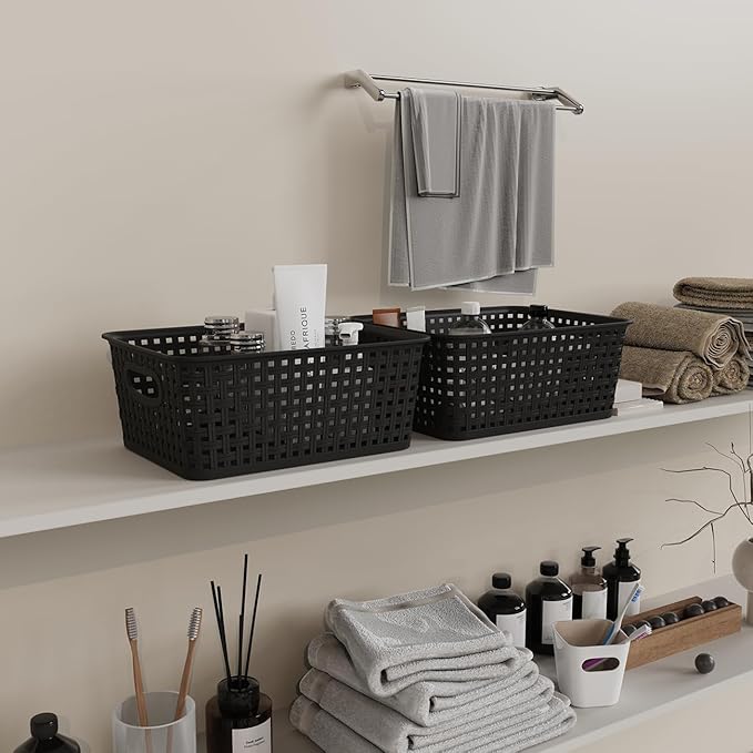 9-Pack Plastic Woven Storage Baskets Set - Black Organizer Bins for Shelves, Kitchen Pantry, Bathroom, Office | 10.1"L x 7.55"W x 4.1"H | Multi-Purpose Shelf Basket Organizers