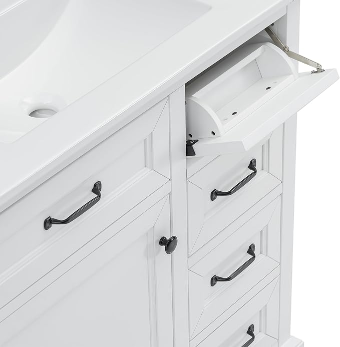 Christopher Knight Home 36" Bathroom Vanity with Ceramic Sink, Wooden Bathroom Vanity Organizer, Bathroom Storage Cabinet, Pedestal Sink Storage Cabinet, Adjustable Door Shelves+Drawer, White