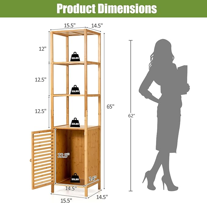 Tangkula Bathroom Cabinet, 65 Inch Tall Slim Bathroom Storage Cabinet with Shutter Door and 3 Open Shelves, Narrow Multifunctional Tower Cabinet, Natural Bamboo, 15.5 x 14.5 x 65 Inch