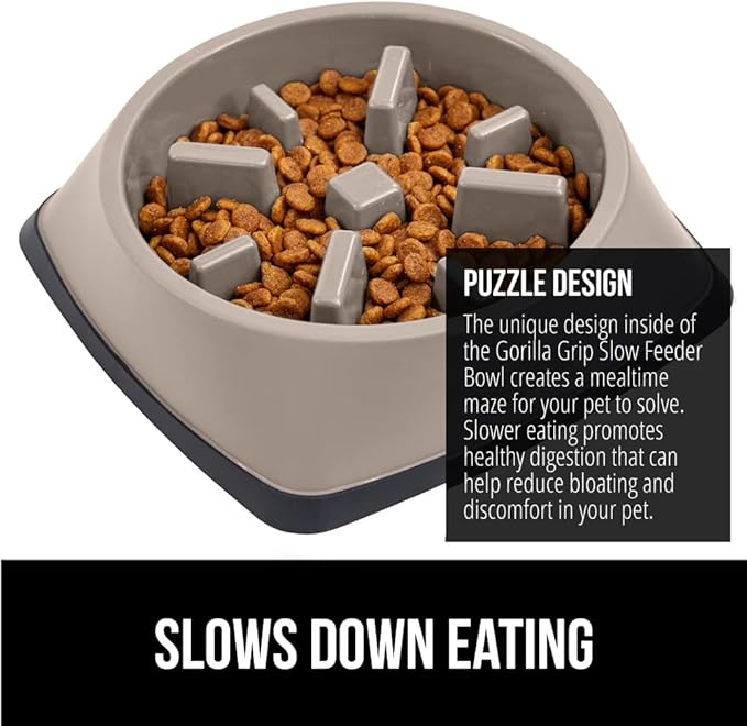 Gorilla Grip 2 Cup Slow Feeder Cat and Dog Bowl Set, 2 Cup Heavy Duty Stainless Steel Dog Bowl, Both Beige, 2 Item Bundle