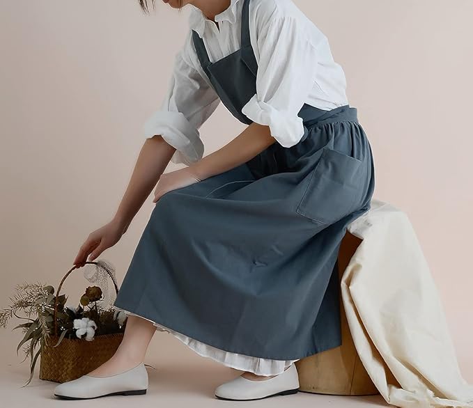 VLZUFE Women Cotton Linen Cross Back Apron for Gardening Works Pinafore Dress with Pockets Navy