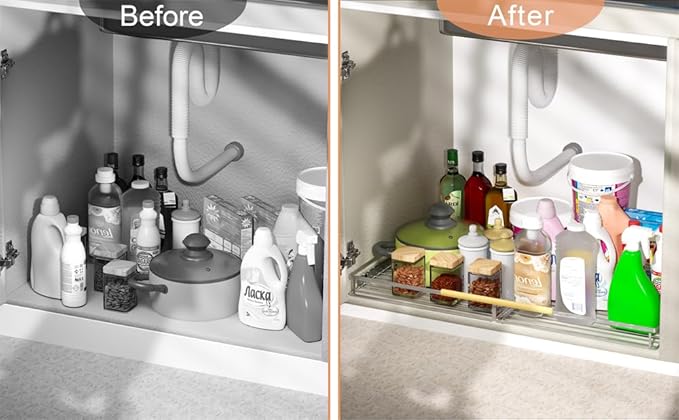 SANNO Slide Out Cabinet Drawer, Expandable Pull Out Cabinet Organizer,Bottom-Mounted Shelf for Kitchen Cabinet or Under Sink,Stainless Steel,Expandable Width 14.16" to 24.16"