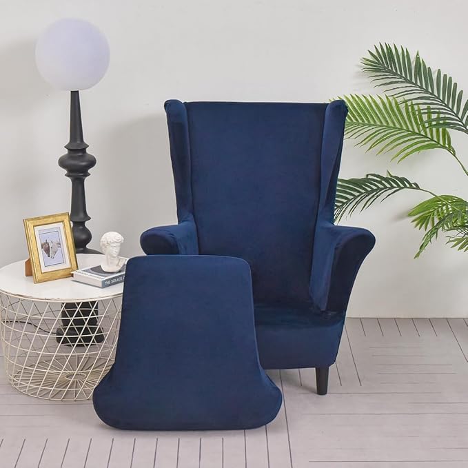 OBCREAT Wingback Chair Covers 2 Piece Stretch Velvet Wingback Chair Slipcover Soft Wing Chair Sofa Covers with Elastic Bottom,Armchair Couch Cover Furniture Protector for Living Room (Dark Blue)
