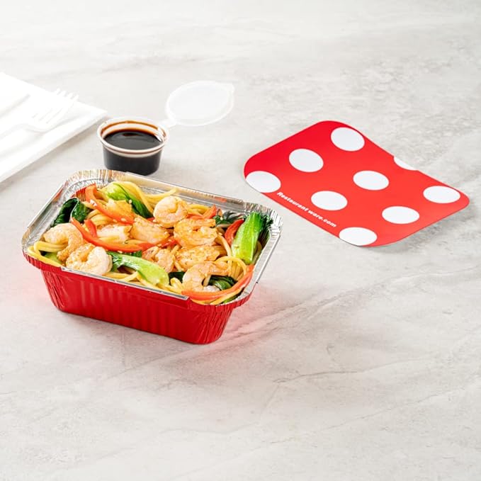 Restaurantware 12 Ounce Disposable Takeout Containers 50 Rectangle Food Containers - With Polka Dot Lids Red Takeaway Containers Aluminum Delivery Containers Freezable