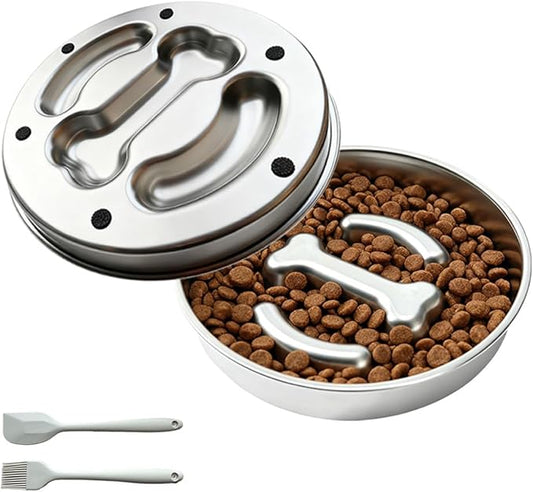 Medium Stainless Steel Slow Feeder Pet Bowls-Non-Slip Stainless Steel Bowl,4-Cup Capacity Slow Feeder to Prevent Indigestion,Dishwasher Safe,Comes with Spatula & Pastry Brush (Bone)