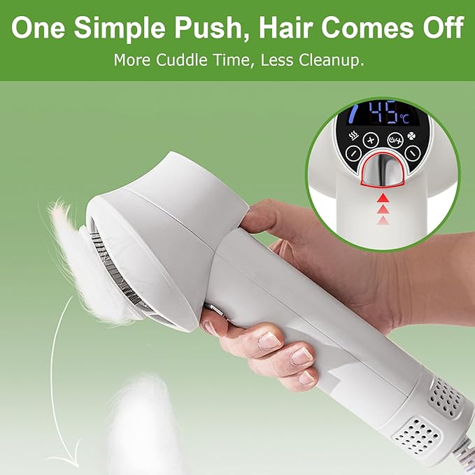 3-in-1 Dog Hair Dryer Brush - Adjustable Temp (35°C-60°C) & 4 Speeds, One-Touch Hair Collection for Safe Grooming of Small & Medium Dogs