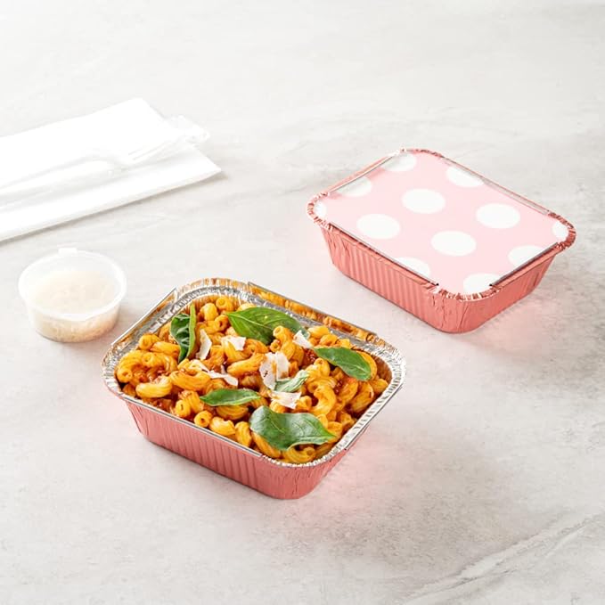 Restaurantware 12 Ounce Disposable Takeout Containers 50 Rectangle Food Containers - With Polka Dot Lids Pink Takeaway Containers Aluminum Delivery Containers Freezable