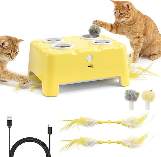 2-in-1 Cheese Box Shaped Interactive Cat Toys for Indoor Cats – 4-Hole Mole & Rotating Feather | USB Rechargeable Electronic Cat Toy for Bored Indoor Adult Cats & Kittens, Cat Whack a Mole Toy, Yellow