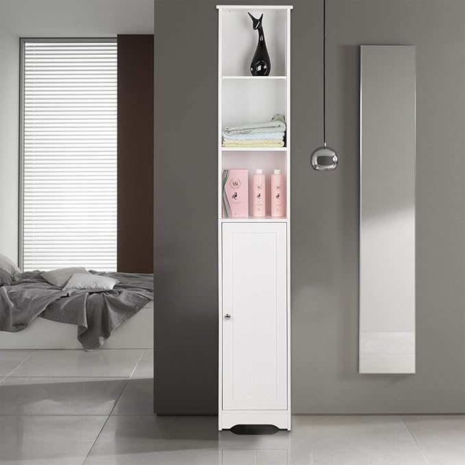 FCH 67" Tall Bathroom Cabinet, Slim Floor Cabinet White Narrow Storage Organizer with Adjustable Shelves, Space Saving Pantry Utility Storage