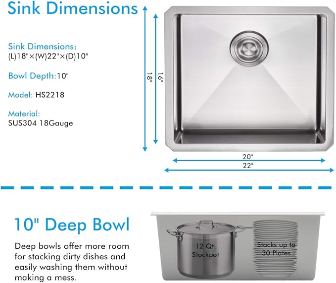 VADANIA Kitchen Bar Sink 22-inch, 22"x18"x10", Single Bowl, Undermount, 18 Gauge T304 Stainless Steel, Satin Finish, with Strainer & Bottom Grid, cUPC listed