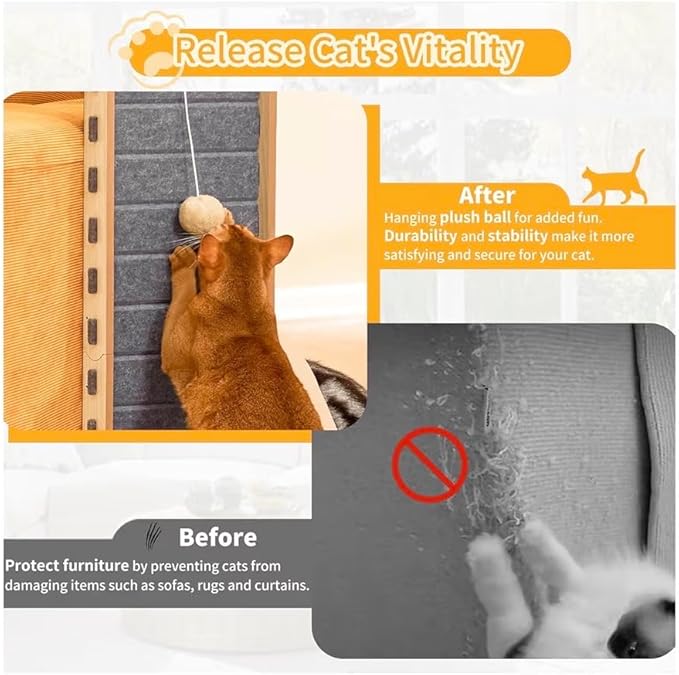 Cat Scratching Post with Hanging Toy Ball, 26.8" Tall Wood Frame with Felt Pad, Furniture Protection Scratcher for All Cats (Gray)