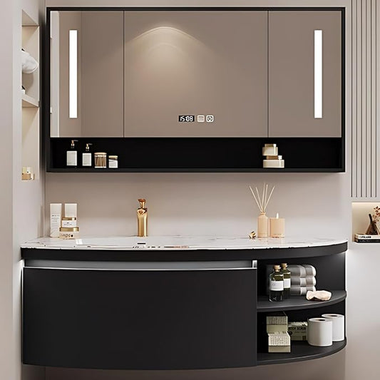 44IN Floating Bathroom Vanity, Wall Mounted Wood Sink Cabinet with Smart Sensor LED Light Strip & Open Style Side Cabinet | LED Lights & Defogging Function, Single Sink Vanities Set (Black)