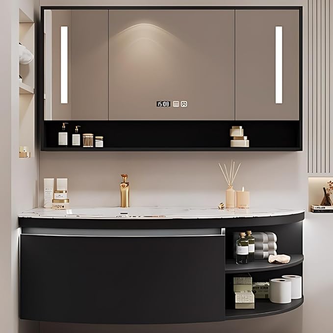 42IN Floating Bathroom Vanity, Wall Mounted Wood Sink Cabinet with Smart Sensor LED Light Strip & Open Style Side Cabinet | LED Lights & Defogging Function, Single Sink Vanities Set (Black)