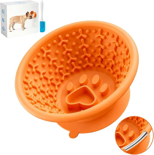 Dog Slow Feeder Lick Bowl to Prevent Fast Eating, Steel Reinforced Rim, Non-Slip Suction Base, BPA-Free Silicone, Dishwasher & Freezer Safe, Helps Extend Mealtime & Keep Dogs Calm(Orange)