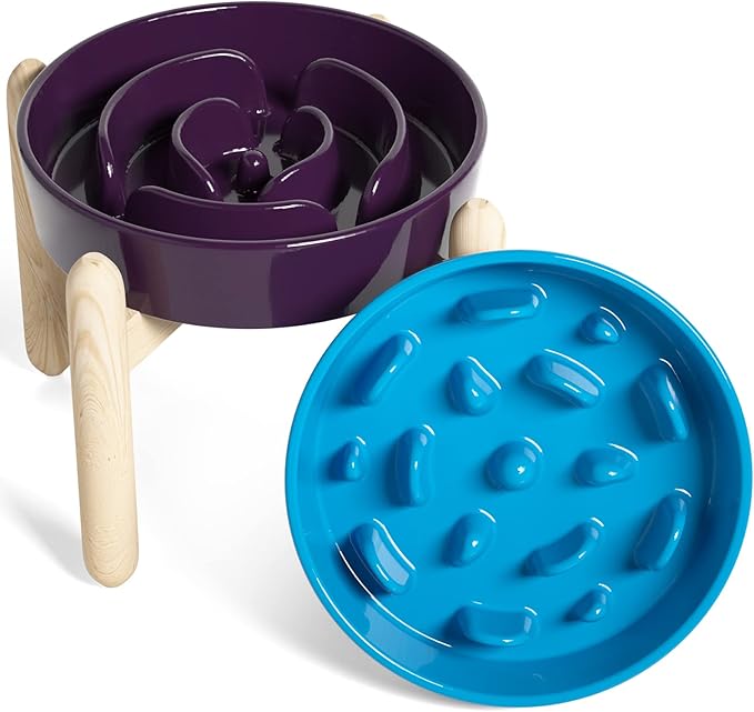 LE TAUCI Ceramic Slow Feeder Raised Dog Bowls with Wooden Stand, Puzzle Feeder, Elevated Dog Dishes to Slow Down Eating, 8 Inch Anti-Gulping Pet Feeding Dishes for Medium Dog