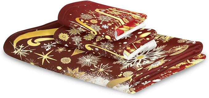 Pfrewn Golden Snowflakes Christmas Tree Forest Towels Set of 3 Winter Red Snowy Christmas Bathroom Towel Soft Absorbent Bath Hand Towels Washcloth Guest Towel Sets Xmas Holiday Decor