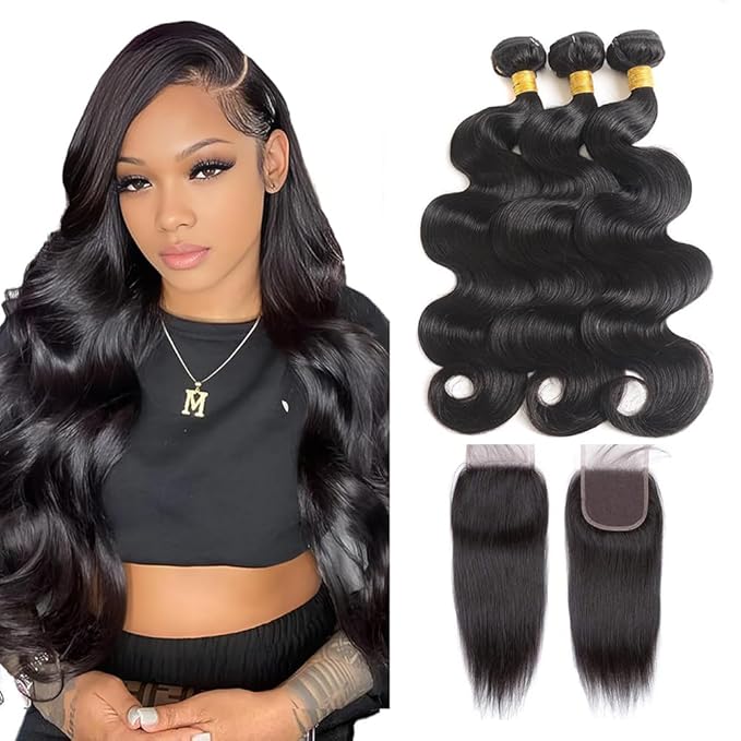 Selina Brazilian Body Wave 3 Bundles Human Hair 8 8 8 Inch with Straight Lace Closure 8 Inch Human Hair 100% Unprocessed Virgin Hair Natural Black(8 8 8 Bundle + 8" Closure）