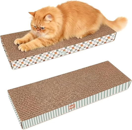 Cats Rock Scratching Board for Indoor Cats, Corrugated Cardboard Cat Scratcher with Catnip, Double-Sided Scratch Pad, Rectangle Scratcher Icon and Squares Design (Pack of 2)